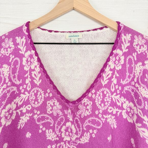 Sundance V-Neck Pullover Sweater Size L Petite Pink Boho Chic Paisley Floral - Picture 3 of 14